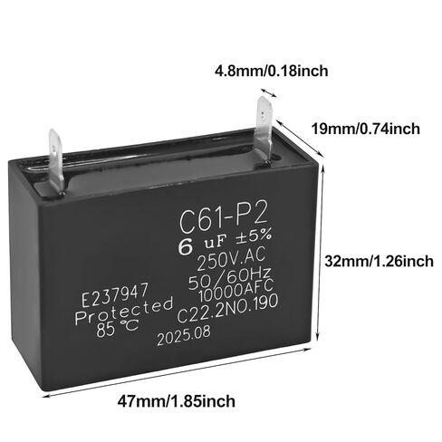 مكثف C61-P2 6μF 250VAC (عبوة من 2) - 50/60 هرتز 10,000 مكثف تشغيل المحرك AFC - C22.2 رقم 190 معتمد بتصنيف 85 درجة مئوية in Saudi Arabia