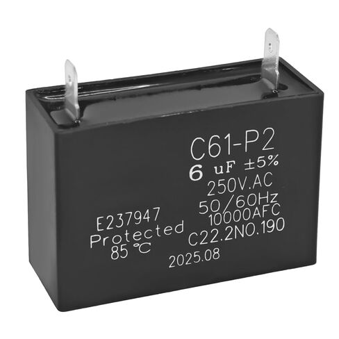 مكثف C61-P2 6μF 250VAC (عبوة من 2) - 50/60 هرتز 10,000 مكثف تشغيل المحرك AFC - C22.2 رقم 190 معتمد بتصنيف 85 درجة مئوية in Saudi Arabia