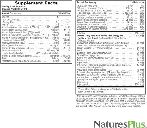 NaturesPlus Source of Life - 180 كبسولة - مكملات الفيتامينات والمعادن - تدعم الطاقة الطبيعية والصحة العامة - خالية من الغلوتين، نباتي - 20 وجبة in Kuwait