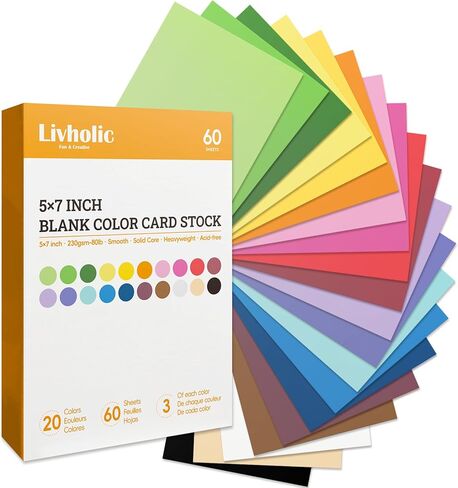 Livholic 60 ورقة ملونة من البطاقات 8.5 × 11 متنوعة 80 رطل 20 لونًا من ورق الطابعة الأساسي الصلب لصناعة البطاقات وطابعة صياغة الورق in Kuwait