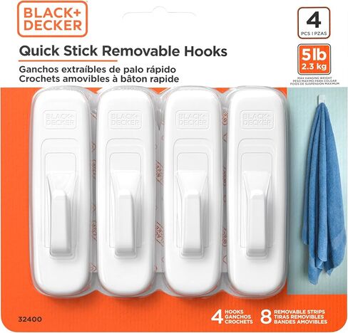 Black+Decker Solid Wall Hooks, Quick Stick Adhesive, Removeable, 4 Wall Hooks, 8 Adhesive Strips, Hang Decorations Without Damaging Walls, up to 5 lbs., White in Saudi Arabia