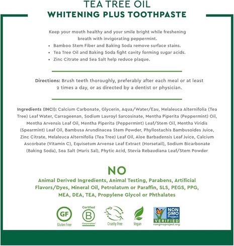 Desert Essence Tea Tree Oil Whitening Plus Toothpaste - Peppermint - 6.25 Oz - Antiseptic Tea Tree Oil - Zinc Citrate - Baking Soda - Freshens Breath - Reduced Plaque - Fluoride Free in Saudi Arabia