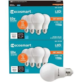 تقنية LED EcoSmart 60W مكافئة للضوء الأبيض الناعم A19 Energy Star ومصباح LED قابل للتعتيم (8 عبوات) in Kuwait