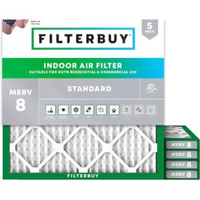 Filterbuy 17.5x17.5x1 فلتر هواء MERV 8 أساسي للدفاع عن الغبار والحساسية (5 عبوات)، استبدال مرشحات فرن HVAC AC المطوية بالكهرباء الساكنة (الحجم الفعلي: 17.50 × 17.50 × 0.75) in Kuwait