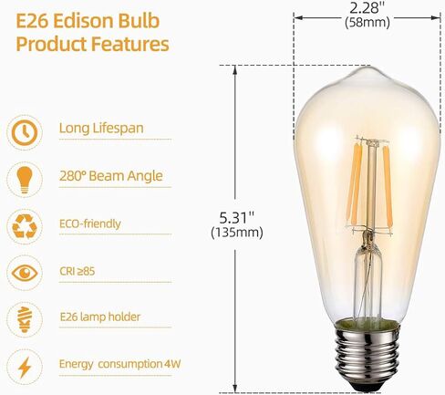 HESSION Vintage LED Edison Bulbs 4W ST58,Equivalent 60W,Dimmable,6 Pack E26 Base 400Lumens, 2700K Warm White, Antique LED Filament Bulb,85+ CRI, Edison Light Bulbs Amber Glass for Home, Bedroom in Saudi Arabia