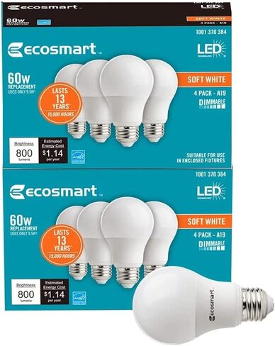 تقنية LED EcoSmart 60W مكافئة للضوء الأبيض الناعم A19 Energy Star ومصباح LED قابل للتعتيم (8 عبوات) in Kuwait