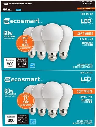 تقنية LED EcoSmart 60W مكافئة للضوء الأبيض الناعم A19 Energy Star ومصباح LED قابل للتعتيم (8 عبوات) in Kuwait