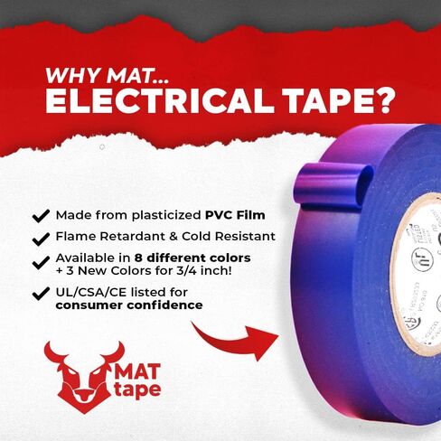 MAT Professional Grade Wide Electrical Tape Blue - 1 inch x 66 ft. UL/CSA listed core - Waterproof, Flame Retardant, & Strong Rubber Based Adhesive for Use At No More Than 600V & 176F in Saudi Arabia