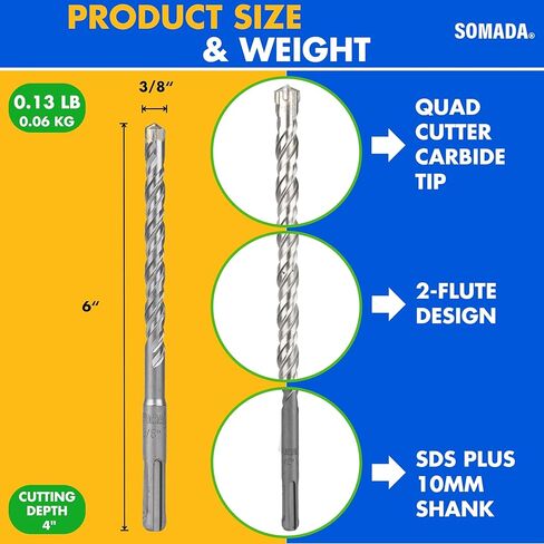 SOMADA 1/4 بوصة × 6 بوصة SDS Plus مجموعة مثقاب مكونة من 10 قطع SDS-Plus مطرقة دوارة مثقاب طرف كربيد 4 قطع للخرسانة والطوب والحجر والبناء in Kuwait