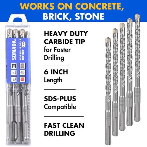 SOMADA 1/4 بوصة × 6 بوصة SDS Plus مجموعة مثقاب مكونة من 10 قطع SDS-Plus مطرقة دوارة مثقاب طرف كربيد 4 قطع للخرسانة والطوب والحجر والبناء in Kuwait