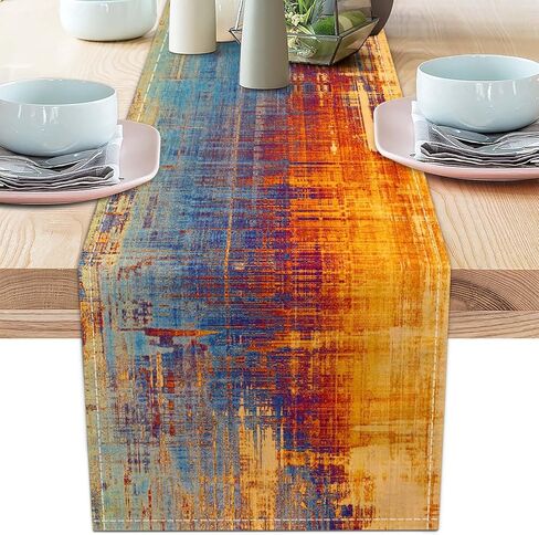 Orange and Blue Table Runner Modern Abstract Messy Rust Painting Linen Dresser Runner Vintage Farmhouse Style Table Decor for Kitchen Dining Wedding Coffee Home Party (Orange, 13"x 71") in Saudi Arabia