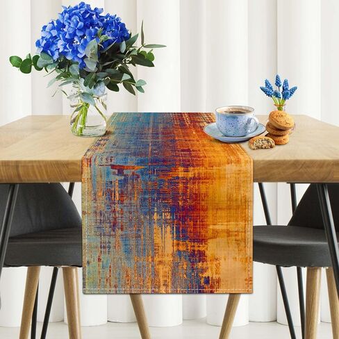 Orange and Blue Table Runner Modern Abstract Messy Rust Painting Linen Dresser Runner Vintage Farmhouse Style Table Decor for Kitchen Dining Wedding Coffee Home Party (Orange, 13"x 71") in Saudi Arabia