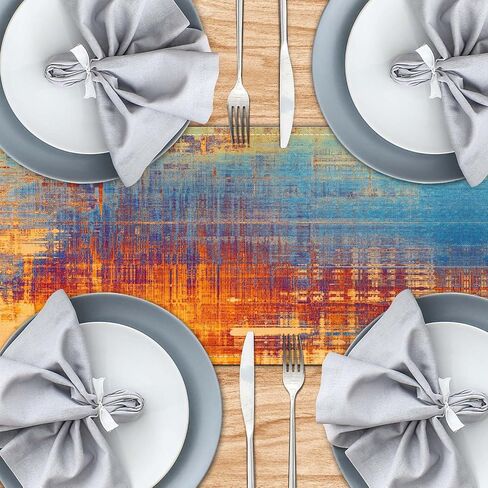 Orange and Blue Table Runner Modern Abstract Messy Rust Painting Linen Dresser Runner Vintage Farmhouse Style Table Decor for Kitchen Dining Wedding Coffee Home Party (Orange, 13"x 71") in Saudi Arabia