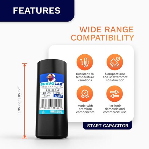 Universal Start Capacitor CD 60 for Electric Motors of 243-292 uF MFD, 110 VAC, 50/60 Hz in Saudi Arabia