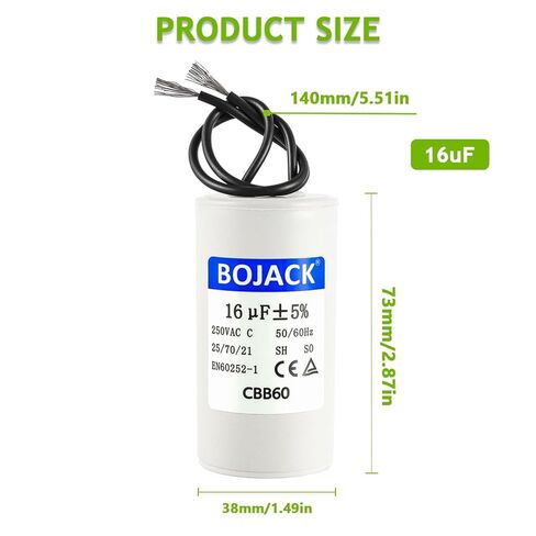 مكثف تشغيل BOJACK 16 فائق التوهج 250 فولت تيار متردد 16 MFD CBB60 2 سلك 50/60 هرتز، مكثف تشغيل المحرك الأسطواني لضاغط الهواء منفاخ المحرك وجزء استبدال ضاغط مكيف الهواء in Kuwait
