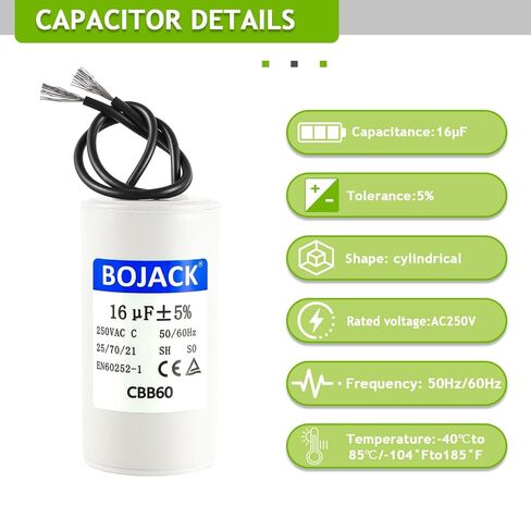 مكثف تشغيل BOJACK 16 فائق التوهج 250 فولت تيار متردد 16 MFD CBB60 2 سلك 50/60 هرتز، مكثف تشغيل المحرك الأسطواني لضاغط الهواء منفاخ المحرك وجزء استبدال ضاغط مكيف الهواء in Kuwait