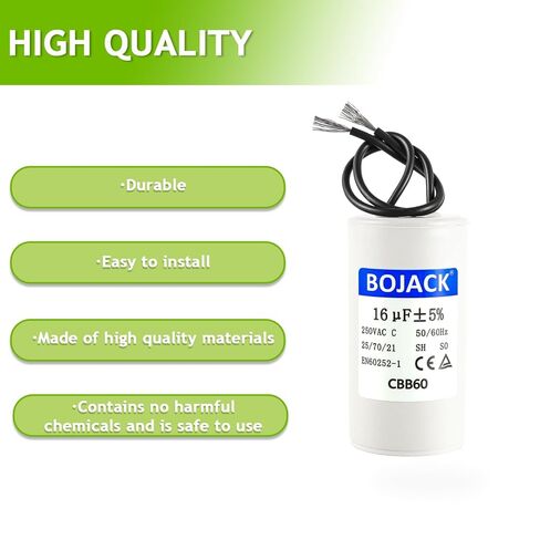 مكثف تشغيل BOJACK 16 فائق التوهج 250 فولت تيار متردد 16 MFD CBB60 2 سلك 50/60 هرتز، مكثف تشغيل المحرك الأسطواني لضاغط الهواء منفاخ المحرك وجزء استبدال ضاغط مكيف الهواء in Kuwait