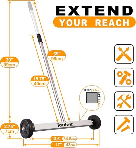Toolwiz Magnetic Pick Up Sweeper 17-inch Heavy Duty Magnet Pickup Lawn Sweeper Roofing Tools, 8.8 Lbs Yard Magnet with Telescoping Holder and Wheels to Pick Up Nails Magnetic Sweeper for Construction in Saudi Arabia