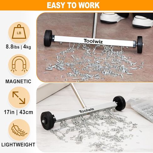 Toolwiz Magnetic Pick Up Sweeper 17-inch Heavy Duty Magnet Pickup Lawn Sweeper Roofing Tools, 8.8 Lbs Yard Magnet with Telescoping Holder and Wheels to Pick Up Nails Magnetic Sweeper for Construction in Saudi Arabia