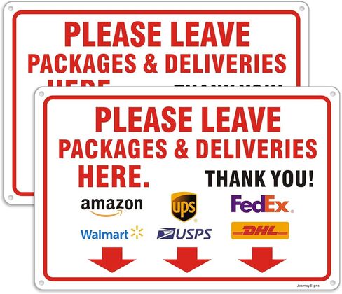 (2 Pack) Please Leave Packages and Deliveries Here Sign, 12"x8" Delivery Sign, Rust Free Reflective Aluminum Delivery Instructions Sign, Fade/Weather Resistant, UV Protected, Easy to Install in Saudi Arabia
