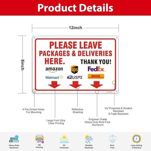 (2 Pack) Please Leave Packages and Deliveries Here Sign, 12"x8" Delivery Sign, Rust Free Reflective Aluminum Delivery Instructions Sign, Fade/Weather Resistant, UV Protected, Easy to Install in Saudi Arabia