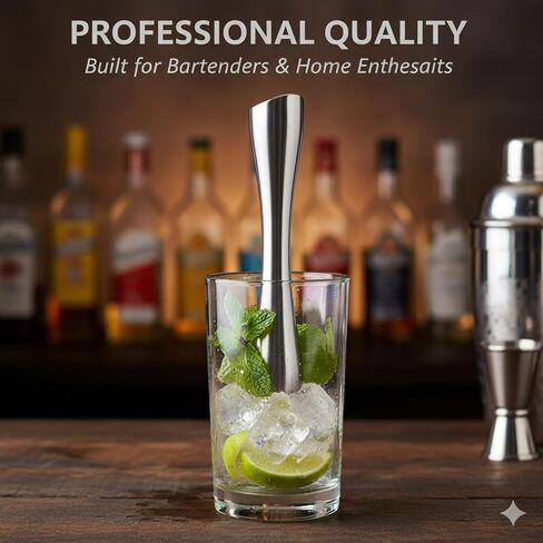 Stainless Steel Cocktail Muddler Bar Tool - 8 Inch Metal Drink Muddler for Mojito & Old Fashioned - Ergonomic Fruit Masher with Diamond Head for Bartender & Home Bar (Silver, Brushed Finish) in Saudi Arabia