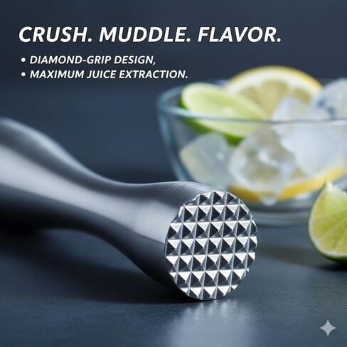 Stainless Steel Cocktail Muddler Bar Tool - 8 Inch Metal Drink Muddler for Mojito & Old Fashioned - Ergonomic Fruit Masher with Diamond Head for Bartender & Home Bar (Silver, Brushed Finish) in Saudi Arabia