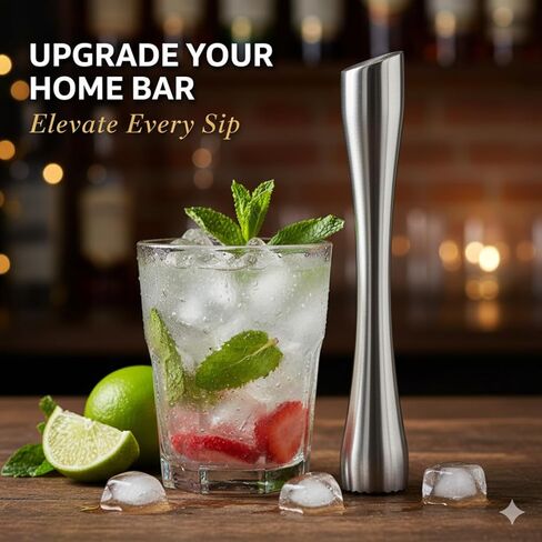Stainless Steel Cocktail Muddler Bar Tool - 8 Inch Metal Drink Muddler for Mojito & Old Fashioned - Ergonomic Fruit Masher with Diamond Head for Bartender & Home Bar (Silver, Brushed Finish) in Saudi Arabia