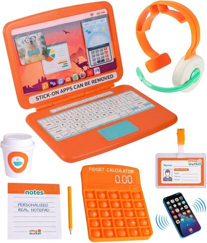Born Toys Toddler Pretend Play Office Set - 9 pcs Kids Pretend Play Work from Home Office Includes Kids Laptop, Toy Phone w/ LED Lights & Sounds, Calculator Pop It & Headset for Ages 3-7 in Saudi Arabia