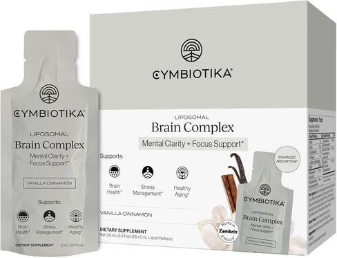 مكمل CYMBIOTIKA Liposomal Brain Complex مع Zembrin®، صحة الدماغ، إدارة الإجهاد، الشيخوخة الصحية، الامتصاص المعزز، خالي من الغلوتين، خالي من الصويا، نباتي، عبوات سائلة 26 × 5 مل in Kuwait