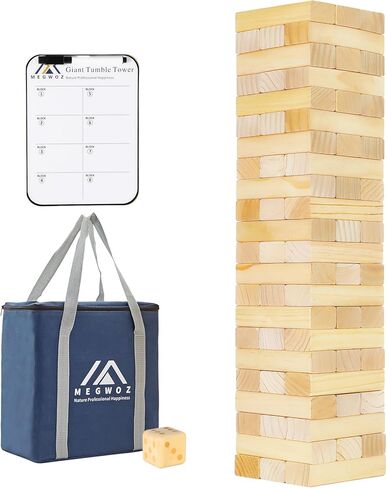 Megwoz Giant Tumble Tower، لعبة التراص في الفناء الخلفي من 2 قدم إلى أكثر من 4.2 قدم مع نردين|لوحة النتائج| حقيبة حمل، مجموعة ألعاب خشبية داخلية وخارجية للأطفال والعائلة البالغين - 57 قطعة in Saudi Arabia