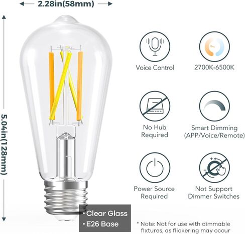 مصابيح Linkkind E26 Smart Edison، 2700K-6500K مصابيح WiFi Edison قابلة للضبط مع جهاز تحكم عن بعد، 8W 60W مكافئة لمصابيح الإضاءة ST19 (ST58) العتيقة 800lm، متوافقة مع Alexa وGoogle Home، 4 عبوات in Kuwait