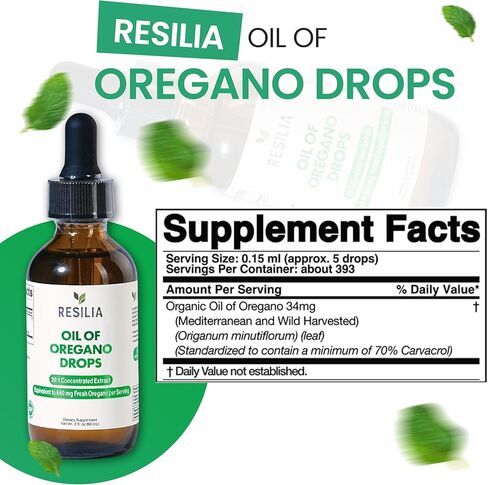 Resilia Organic Oregano Oil Drops with Black Seed Oil – Liquid Oregano Blend with Olive & Basil Oils – Herbal Antioxidant Formula – Non-GMO, Easy-to-Use Drops 60ml in Saudi Arabia