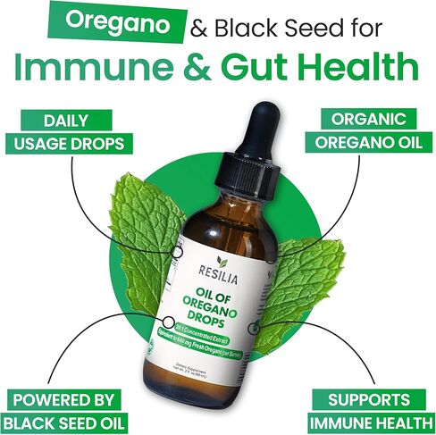 Resilia Organic Oregano Oil Drops with Black Seed Oil – Liquid Oregano Blend with Olive & Basil Oils – Herbal Antioxidant Formula – Non-GMO, Easy-to-Use Drops 60ml in Saudi Arabia