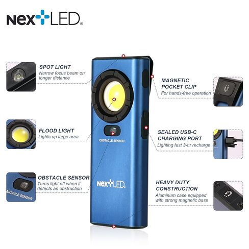 NextLED NT-6685 Pro LED Rechargeable Work Light, 1200 Lumen HVAC Flashlight w/Obstacle Sensor, Magnetic Work Light w/Hanging Hook, IPX7 Waterproof, Aluminum Case, for Job Site, Car Repair, Emergency in Saudi Arabia