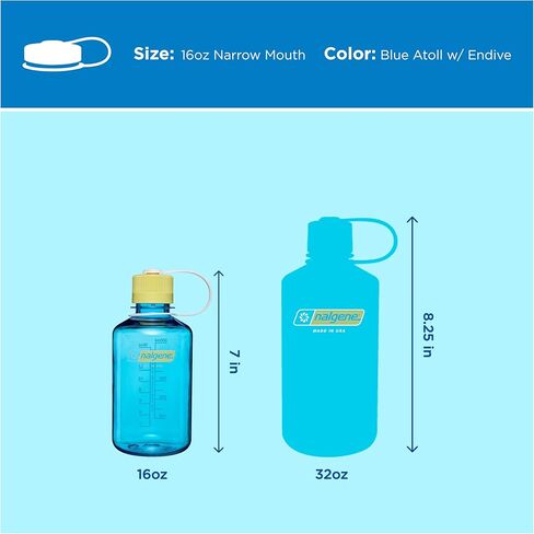 Nalgene 16 oz Narrow Mouth Water Bottle | Slim Cup Holder Size, BPA-Free, Durable Leak Proof Travel Bottle – Thrill & Motion, Blue Atoll w/Endive in Saudi Arabia