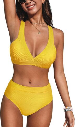 CUPSHE Women's Bikini Sets Two Piece Swimsuit High Waisted Bathing Suit V Neck Back Tie Adjustable Straps Textured in Saudi Arabia