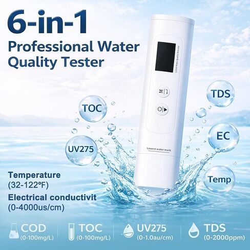 جهاز اختبار المياه الرقمي، مقياس جودة المياه 6 في 1 لـ COD/TOC/TDS/EC/UV275/درجة الحرارة، مقياس TDS مع تسجيل ذكي مرمز بالألوان، تصميم محمول على شكل قلم للشرب، الصنبور، البئر، حوض السمك وأنظمة RO in Kuwait