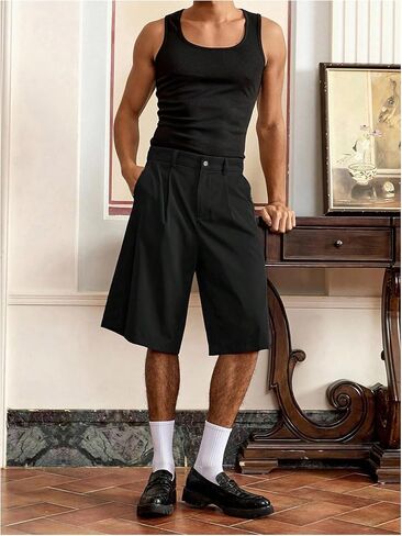 OYOANGLE Men's Pleated Dress Shorts Zipper Fly Loose Wide Leg Bermuda Shorts with Pockets in Saudi Arabia