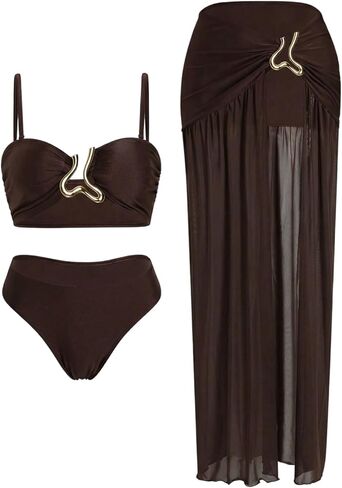 Verdusa Women's 3 Piece Bikini Sets Metal Cut Out Cheeky Swimsuit with Cover Up Skirt Vacation Outfits in Saudi Arabia