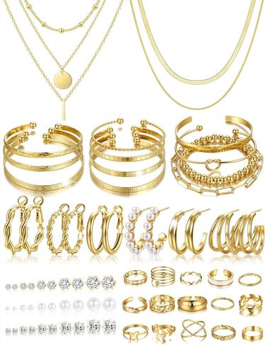 YEEZII 56 Pcs Gold Jewelry Set for Women with 5Pcs Layered Necklace, 5Pcs Layered Necklace, 12 Bracelets, 4 Hoop Earrings, 8 Stackable Rings, 10 hairpins, 12 Studs Earrings Jewerly set for Women in Saudi Arabia