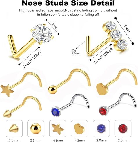 20G Surgical Stainless Steel Nose Rings Hoops & Studs - Hypoallergenic Nose Screw Piercing with 2-3mm Gold-Tone CZ, Multi-Size for Women Men in Saudi Arabia