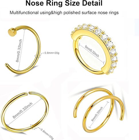 20G Surgical Stainless Steel Nose Rings Hoops & Studs - Hypoallergenic Nose Screw Piercing with 2-3mm Gold-Tone CZ, Multi-Size for Women Men in Saudi Arabia