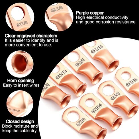 20 Pcs 6 AWG 5/16" & 3/8" Copper Battery Lugs Ring Terminals - w/ 20 Pcs 3:1 Adhesive Heat Shrink Tubing (Dual-Neck Bottle) in Saudi Arabia