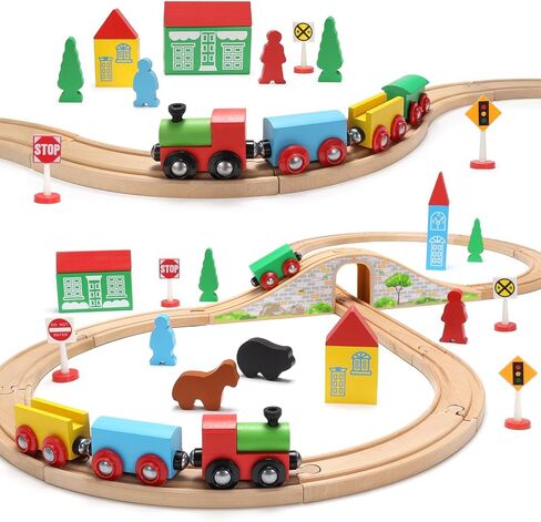 SainSmart Jr. Wooden Train Set for Toddler with Double-Side Train Tracks Fits Brio, Thomas, Melissa and Doug, Kids Wood Toy Train for 3,4,5 Year old Boys and Girls in Kuwait