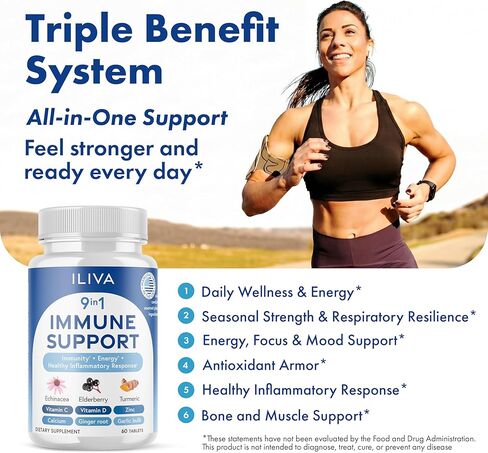 ILIVA-by-INDICAID 9-in-1 Immune Support Supplement: Daily Serving for Respiratory Immunity, Vitamin C, D3, Calcium, Zinc, Proprietary Herbal Elderberry+echinacea+Turmeric. 60 Tablets for 30 Days in Saudi Arabia