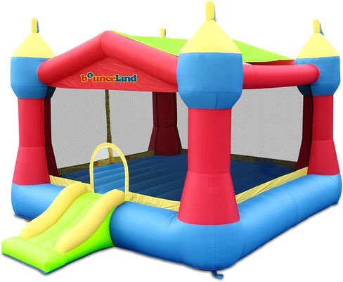 Bounceland نفخ Party Castle Bounce House Bouncer، 16 قدمًا طولًا × 13 قدمًا عرضًا × 10.3 قدمًا ارتفاعًا، طوق كرة السلة، سقف شمسي قابل للإزالة، منفاخ قوي UL متضمن، منطقة منزلق وممتعة، موضوع القلعة للأطفال in Kuwait