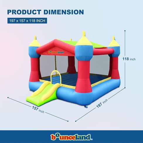 Bounceland نفخ Party Castle Bounce House Bouncer، 16 قدمًا طولًا × 13 قدمًا عرضًا × 10.3 قدمًا ارتفاعًا، طوق كرة السلة، سقف شمسي قابل للإزالة، منفاخ قوي UL متضمن، منطقة منزلق وممتعة، موضوع القلعة للأطفال in Kuwait