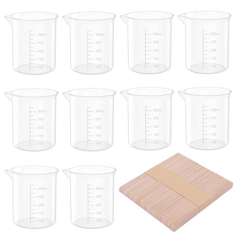 12 Pack 10 Oz Transparent Lab Measuring Cup, 300ml Plastic Beaker Cups with 50 Pack Wooden Stirring Sticks for Science Experiment, Liquid Measuring in Saudi Arabia