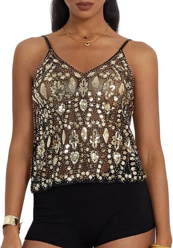 Women Sparkly Sequin Tank Top Y2k Beaded Sheer Cami Mesh Party V-Neck Rave Top in Saudi Arabia